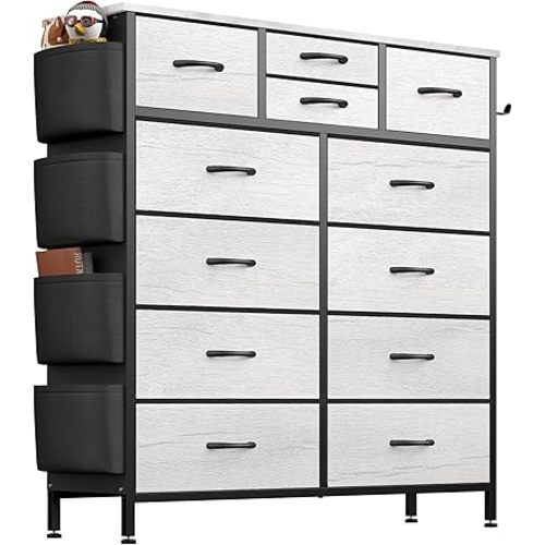 Lulive Dresser for Bedroom with 12 Drawers, Tall Dresser Chest of Drawers with Side Pockets and Hooks, Fabric Storage Tower for Closet, Hallway, Living Room (Oak)