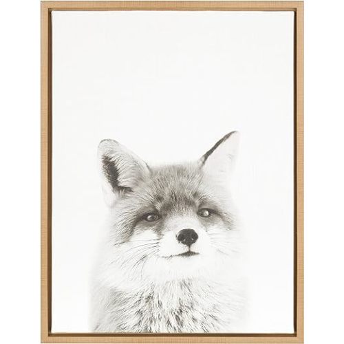 Kate and Laurel Sylvie Fox Black and White Portrait Framed Canvas Wall Art by Simon Te Tai, 18x24 Natural