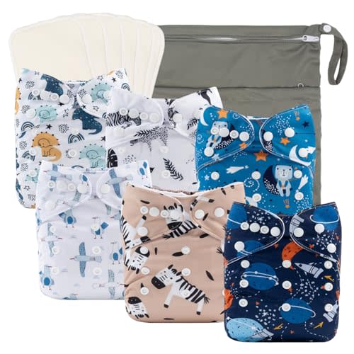 babygoal Reusable Cloth Diapers 6 Pack+6pcs Rayon from Bamboo Inserts+Wet Bag, One Size Adjustable Washable Pocket Nappy Covers for Baby Boys and Girls