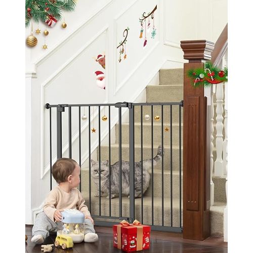 InnoTruth Baby Gate for Stairs 28.9-42.1" Wide, 30" Tall Easy Step Walk Through Expandable Dual Lock Dog Gates for The House, Metal Pressure Mounted Easy Install Pet Gate for Dogs, Black