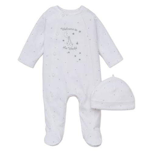 Little Me Gender Neutral Clothes for Baby 2-Piece 100% Cotton Scratch-Free Tag Footie Sleeper and Cap Sets, Preemie to 9M