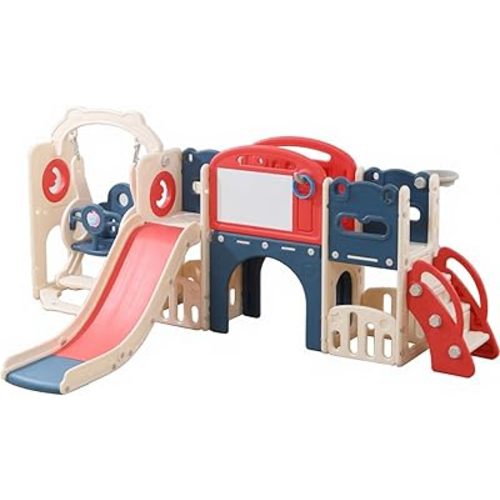 12 in 1 Toddler Outdoor Playset with Swing, Indoor Swing and Slide Set Playground for Toddlers 1-3, Durable Climber Basketball Hoop Ball Toddler Indoor Playset for Home Playground - Red Blue