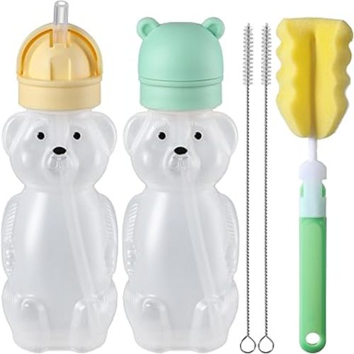 Upgraded 2 Pack Honey Bear Straw Cups for Baby, Toddler - Flip Top, Spill-Proof & Anti-pullout & Pop-up Straw Design - 8 OZ Squeezable Transition Sippy Cup for Speech & Feeding Training, Yellow&Green