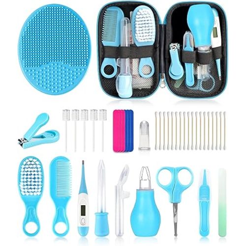Baby Grooming and Healthcare Kit, Portable Baby Safety Care Set with Hair Brush Comb Nail Clipper Nasal Aspirator for Nursery Newborn Infant Girl Boy (25 in 1 Blue)
