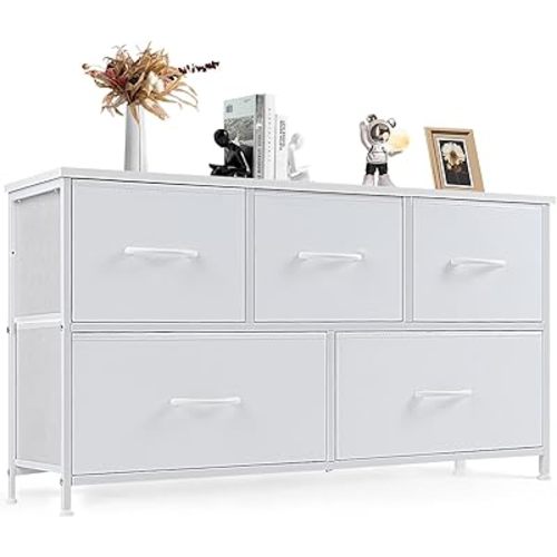 DUMOS Dresser for Bedroom, 5 Storage Drawers, Wide Fabric Closet Chests Organizer Tower Furniture with Wooden Top Metal Frame for Clothes, Guest Room, Living Room, Hallway, Entryway