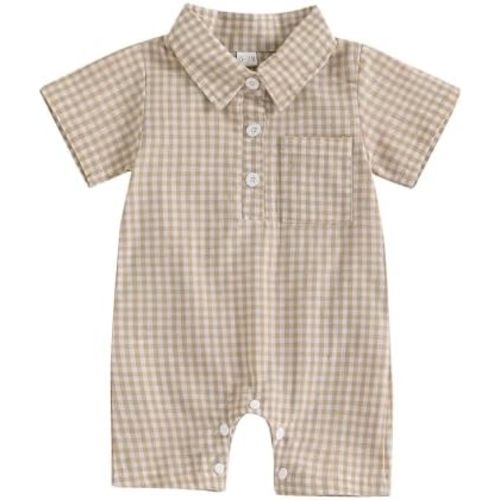 Karuedoo Newborn Baby Boy Clothes Gingham Polo Short Sleeve Romper Jumpsuit Plaid Button Down Collared Bodysuit Summer Outfit