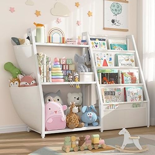 Kids Bookshelf and Toy Storage - Toy Organizer with Book Shelf 3 Tier Floor Small Sling Bookcase Bedroom Nursery Kids Room Playroom, White