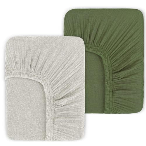 PET REJOIR Muslin Fitted Crib Sheets for Girls & Boys-2 Pack 28"x 52" Soft Baby Mattress Sheet-No Slip Boho Neutral Breathable Toddler Cotton Bedding Olive Green & Beige