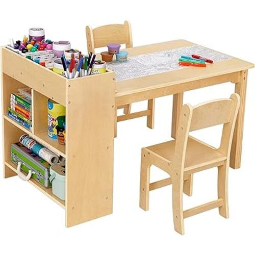 OOOK Kids Art Table and 2 Chairs, Toddler Activity Table with Large Storage Shelves, Wood Activity Desk for Writing Drawing Suitable for Playrooms & Classroom
