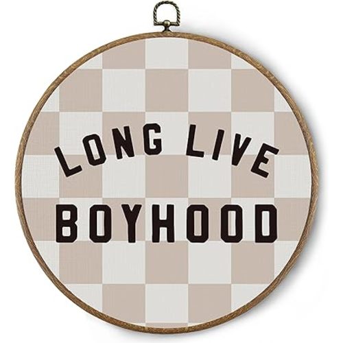 BitKAM Boy Nursery Round Wall Art Decor, Long Live Boyhood Canvas Prints Framed, Retro Beige Checkered Wall Hanging Decorations for Kids Boys Nursery Bedroom Playroom, 10x10 Inch Wall Sculptures