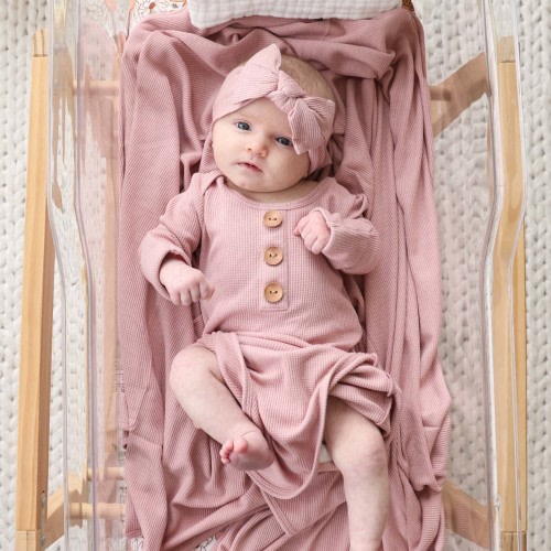 Vintage Rose Waffle Bamboo Newborn Baby Knot Gown & Hat Set