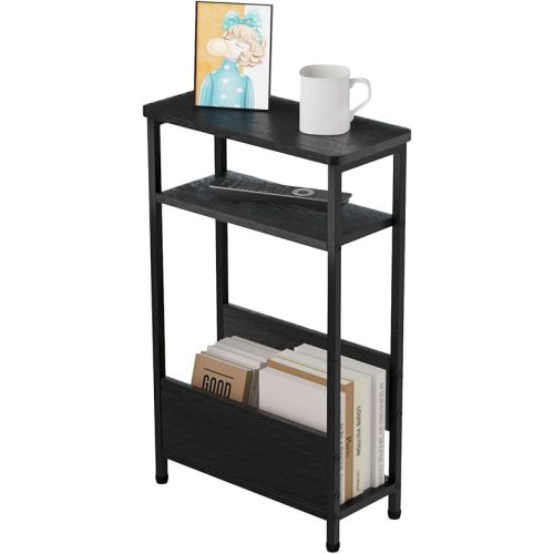 7.1" Narrow Side Table for Small Spaces, 3 Tier Small End Table with Magazine Holder, Slim/Skinny Nightstand/Bedside Table for Living Room, Bedroom, 15.4" L x 24.2" H, Black