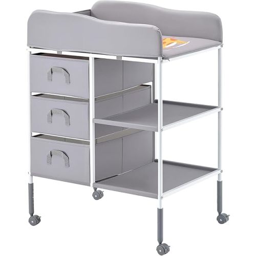 VEVOR Baby Changing Table, Adjustable Height Diaper Change Station with 3 Fabric Drawers & Lockable Wheels, Portable Multifunctional Changing Station Table with Storage Organizer Nursery, Gray