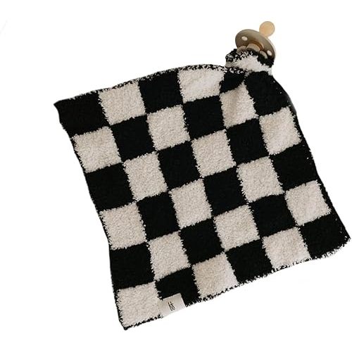 Forever French Baby | Baby Lovey | Pacifier Holder | Lovie Baby Gifts | Baby Boy & Baby Girl | Ideal for Age 0 Months & Up | Microfiber Feather Yarn (Black & White Checkerboard)