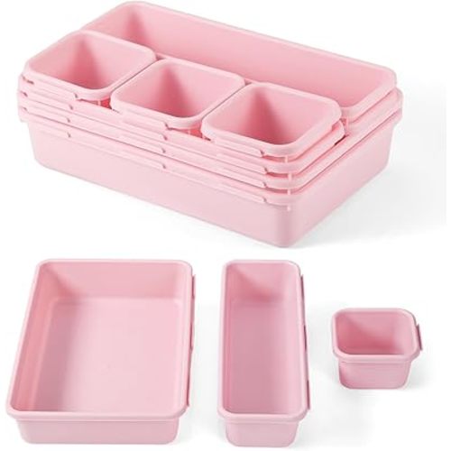 8 Pcs Drawer Organizer with Non Slip Pads Plastic Drawer Organizer Trays Makeup Storage Bins Drawer Organization for Jewelries Cosmetics Bathroom Office Kitchen Closet Bedroom(Hot Pink)