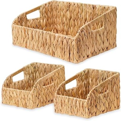 Wicker Baskets for Organizing,Pantry Baskets with Built-in Handles, Handwoven Wicker Storage Baskets, Water Hyacinth Storage Bins for Shelves, 3 Pack,Natural