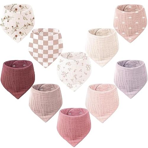 Konssy Muslin Baby Bibs 10 Pack Baby Bandana Drool Bibs 100% Cotton for Unisex Boys and Girls, Soft Absorbent Set for Teething and Drooling