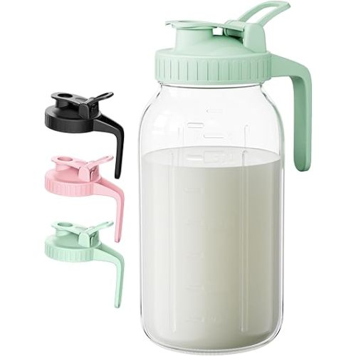 64oz Breast Milk Pitcher - 2 Qurat Glass Mason Jar with Lid and Pour Spout - 100% Airtight Leakproof Water Jugs for Iced Sun Tea, Juice, Cold Coffee, Breastmilk Storage Container - Green