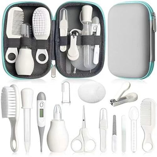 Baby Grooming Kit, Infant Safety Care Set with Hair Brush Comb Nail Clipper Nasal Aspirator,Baby Essentials Kit for Newborn Girls Boys (Grey White)