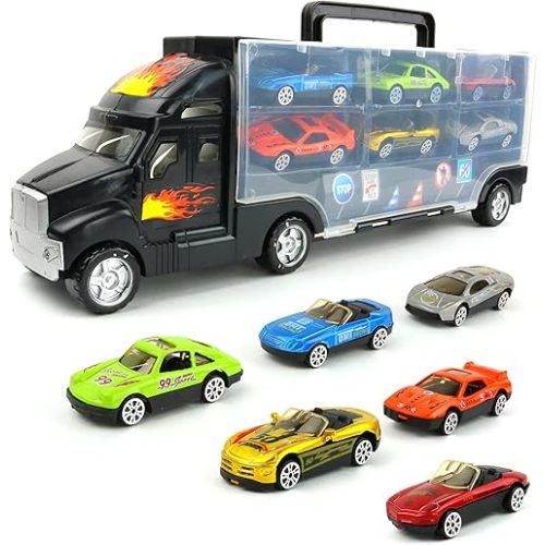 Big Mo's Toys Transport Car Carrier Truck - with 6 Stylish Metal Racing Cars - with Carrying Case