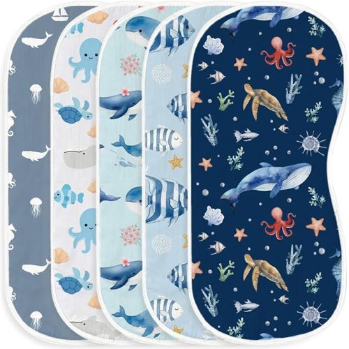 5-Pack Baby Burp Cloths for Boys,100% Muslin Cotton Super Absorbent Burping Rags, Ultra Soft Large Washcloths with Whale & Seahorse Ocean Prints, Newborn Essentials Gift Set