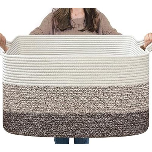 Goodpick Large Woven Storage Basket, 21.6"x14.9"x11.8", Blanket Storage for Bedroom and Living Room, Rectangle Rope Baskets for Storage, White Brown