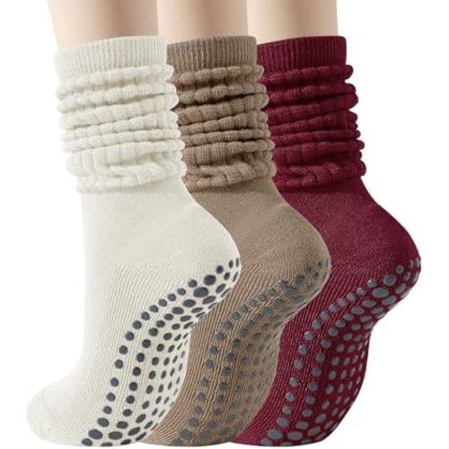 Pilates Socks with Grips for Women, 3 Pairs Long Scrunch Non Slip Yoga Barre Workout Slouch Socks