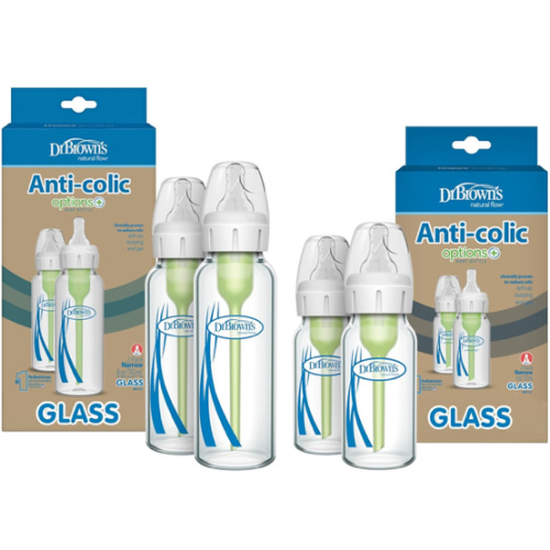 Dr. Brown's Natural Flow Anti-Colic Options+ Narrow Glass Baby Bottles, Made in The USA, BPA Free, 8oz and 4oz, 0m+, 4-Pack