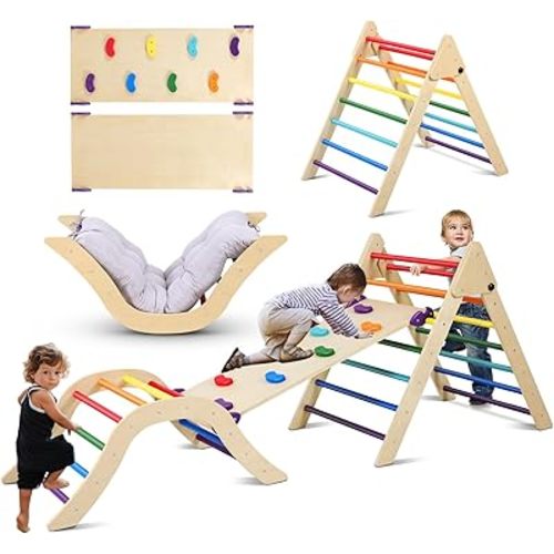 Pikler Triangle Set with Cushion, 5 in 1 Foldable Montessori Climbing Set for Toddlers Age 1-6, Climbing Triangle Set with Slide and Climbing Ramp Toddler Indoor Playgrounds, Gift for Kids (Rainbow)