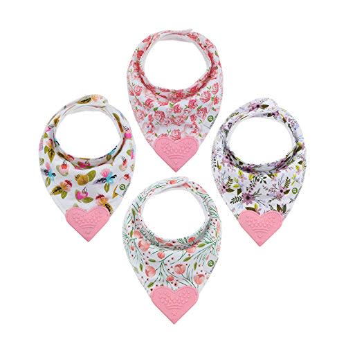 Pickle & Olive Baby Bandana Teething Bibs with Attached Teether- Set of 4 - Floral
