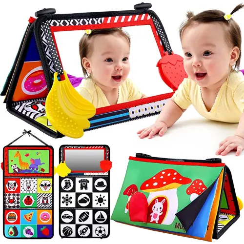 Baby Mirror Tummy Time Toys 0-3 3-6 Months Sensory Crinkle Baby Books Black and White High Contrast Baby Toys for Newborn Infant Montessori Car Seat Toys 0-6 Month Boy Girl Easter Basket Stuffers Gift