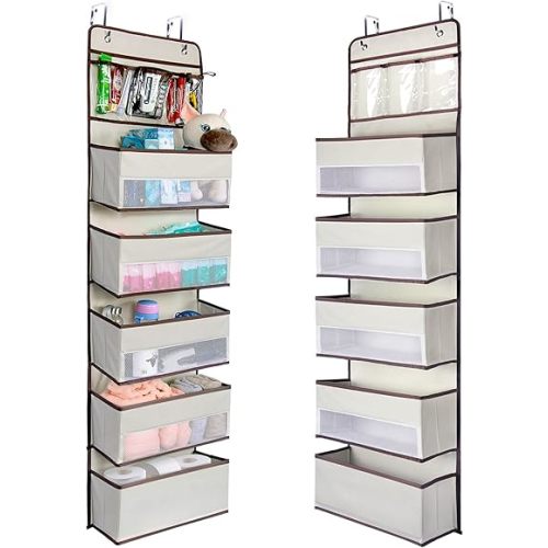 NesTidy Over The Door Organizer Storage 6 Layers, Wall Mount Hanging Organizer with 5 Large Pocket Organizers and 3 Small Pockets for Baby Essentials, Toys, Cosmetics, and Sundries (Beige, 1 Pack)