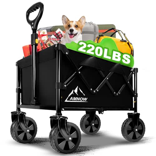 Collapsible Wagon Cart with Wheels Foldable, Folding Wagons Carts with Silent Universal Wheels, Large Grocery Cart On Wheels, Heavy Duty Utility for Shopping Beach Sports Fishing Camping, Black