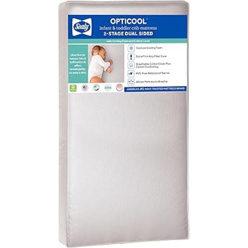 Sealy Baby OptiCool Breathable Crib Mattress, GREENGUARD GOLD Certified, Made in USA, Toddler Bed Fit, 2 Stage Cooling Memory Foam, Non Toxic, Airy Cotton Cover, Safety & Quality Tested, 52x28"