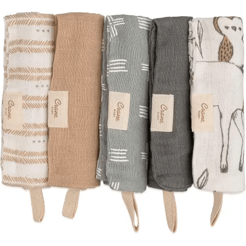 Crane Baby Wash Cloth Set, 100% Cotton, Set of 5, Woodland Animal Theme, Muslin Washcloths for Newborn, Baby Registry Gift