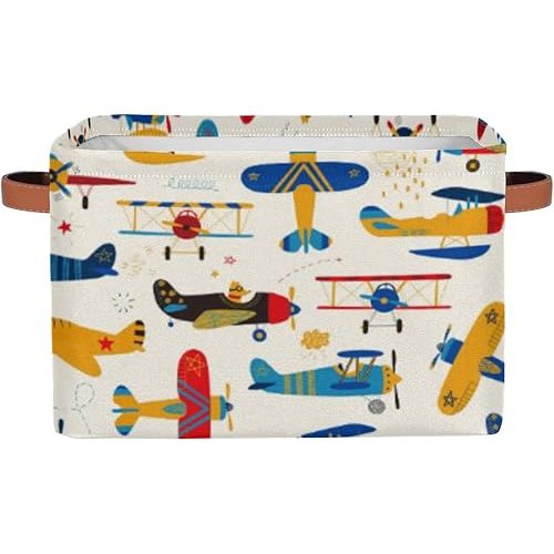 Retro Airplane Square Storage Basket, Fabric Storage Bin with Leather Handles Cartoon Airplane Collapsible Storage Bin Nursery Hamper for Organizing Toys, Clothes, Books, Gift Baskets
