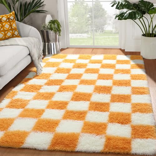 KICMOR 4x6 Rugs for Bedroom Living Room, Orange and Cream White Fluffy Fuzzy Checkered Shag Area Rug Shaggy Bedside Carpet, Furry Plush Soft Rug for Kids Boys Girls Room Nursery Playroom Home Decor