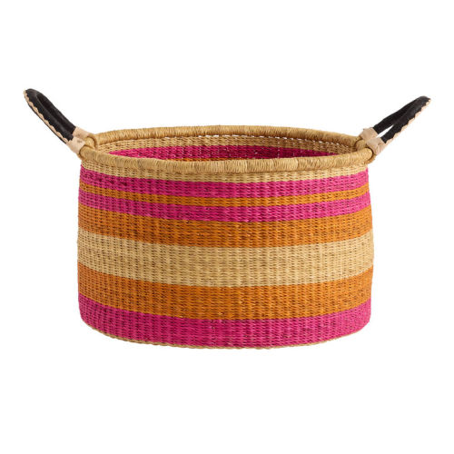 Savannah Medium Pink and Orange Rattan and Bamboo Tote Basket