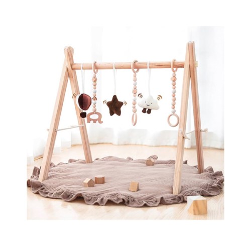 Razee Wooden Baby Play Gym Play Mat, Baby Gym with 6 Hanging Sensory Toys Foldable Baby Gym for Newborn Shower Gift