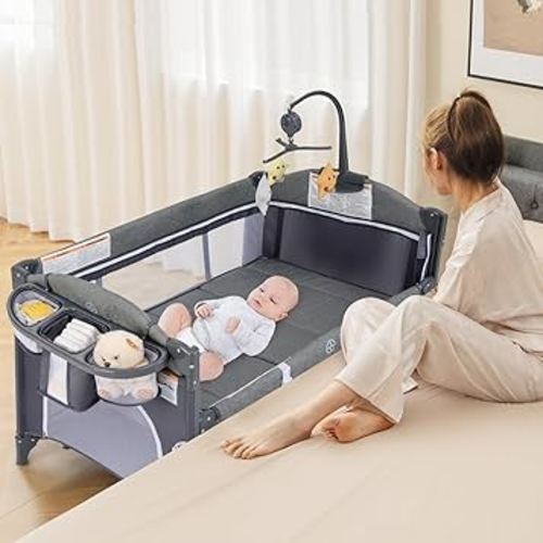 INFANS Pack and Play, 5 in 1 Baby Bedside Sleeper with Bassinet, Diaper Changer, Mattress, Carry Bag, Music Box Hanging Toys, Foldable Bedside Crib, Portable Playard for Newborn Toddlers (Classic)