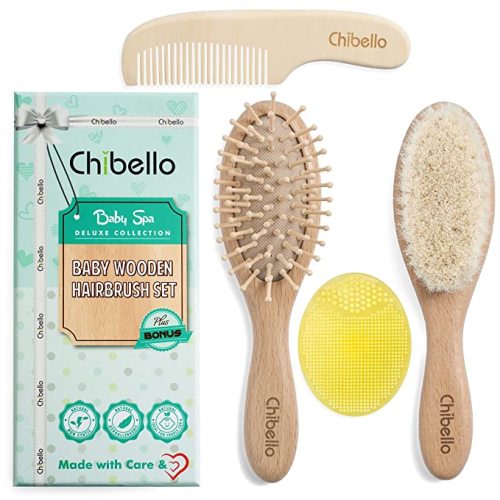 Chibello Baby Hair Care Set - 4 Piece Wooden Brush and Comb Set with Natural Goat Bristles, Ideal for Preventing Cradle Cap, Perfect for Baby Shower and Registry