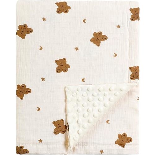 CREVENT 30''X40'' Organic Muslin Cotton Baby Blanket for Newborns, Soft Mink Backing, Essential for Baby Shower Birthday Gift - Bear 75X100cm