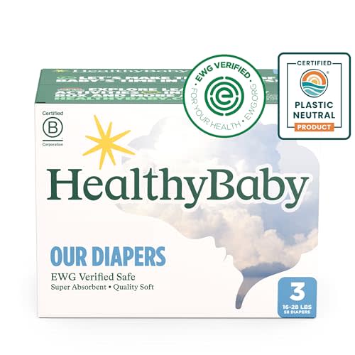 HealthyBaby Our Diapers | EWG Verified Safe & Plant-Based Diapers | Absorbent for Leak Protection | Soft Organic Cotton Shell | Chlorine-Free Diaper for Sensitive Skin | Size 3 (58 Diapers)
