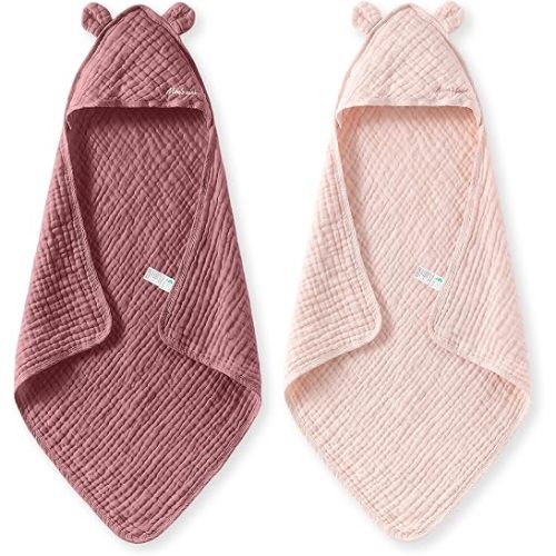Momcozy Baby Towels, 6-Layer 100% Cotton Muslin Hooded Baby Towel Set for Newborn, Infant & Toddler, Soft Absorbent Baby Bath Essentials, Large 32 x 32 Inch