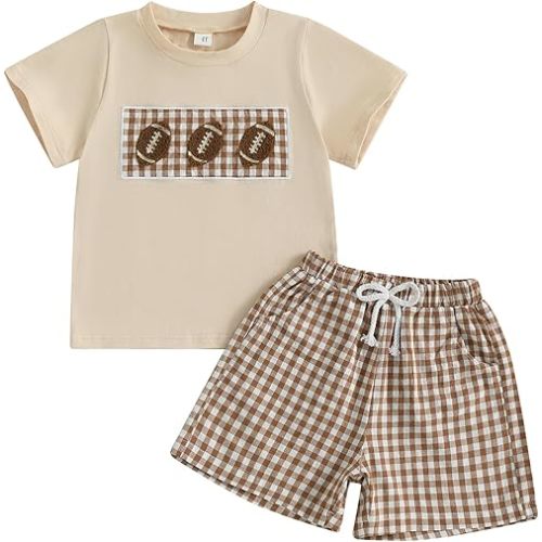 Kids Baby Boy Girl Football Outfit Embroidery Short Sleeve Shirt Plaid Shorts Cute Toddler Clothes Clothing Set