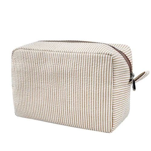 GFU Cosmetic Bags for Women, Seersucker Cosmetic Bag, Travel Toiletry Stripe Makeup Bag, Large Women Aesthetic Organizer Storage Pouch, Girls Handbags Purses, brown