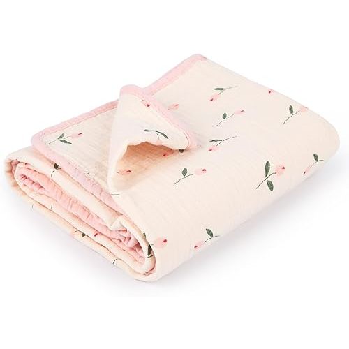 Muslin Baby Blanket Crib Blanket, Double-Sided for Girls, 40x40 Inch - Pink & Floral Print Quilt Blankets, Soft Breathable Toddler Blanket for Infants & Toddlers, Naptime/Bath/Stroller