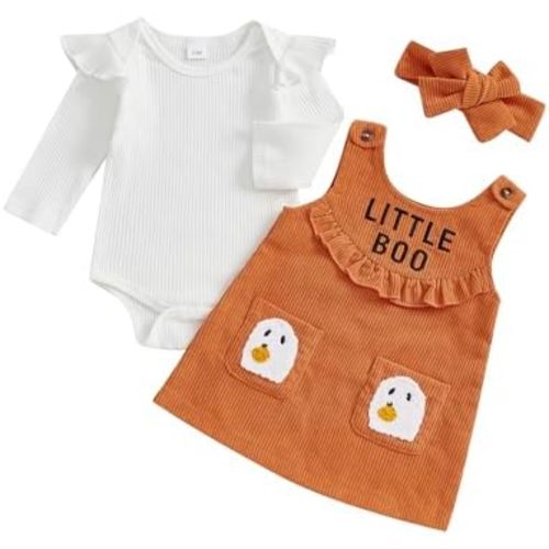 MoZiKQin Baby Girl Halloween Outfit Long Sleeve Ribbed Romper Ghost Embroidery Overall Dress Headband Cute Fall Clothes
