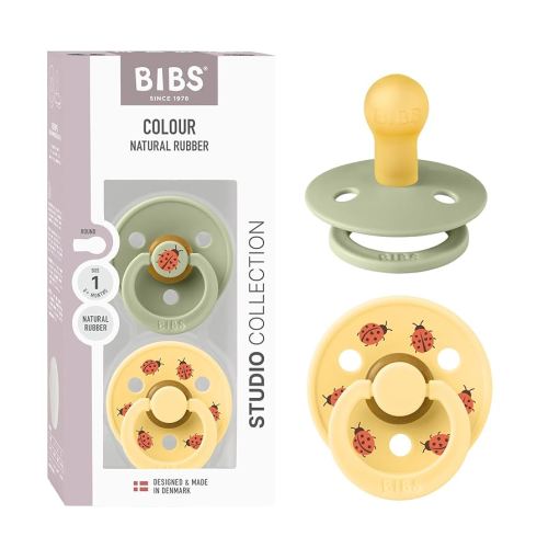 BIBS Colour Studio Soother 2-Pack, BPA Free Dummy Pacifier, Round Nipple. Natural Rubber Latex, Made in Denmark, Size 1 (0-6 Months), Sage/Pale Butter