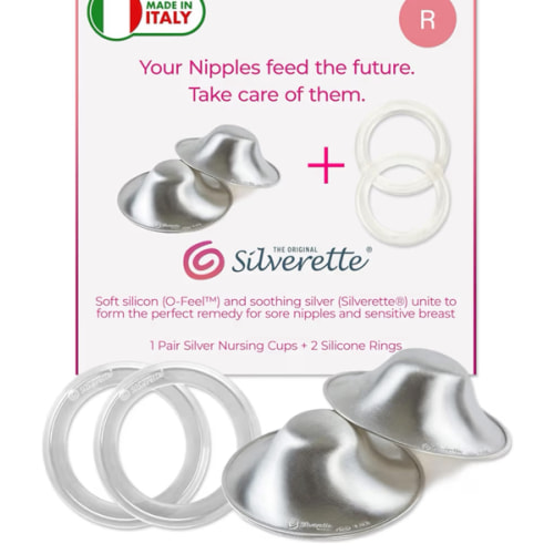 SILVERETTE The Original Silver Nursing Cups, Nipple Covers for Breastfeeding Essentials, Pure 925 Silver Nipple Shields for Breastfeeding Newborn, Regular Size with O-Feel Silicone Rings